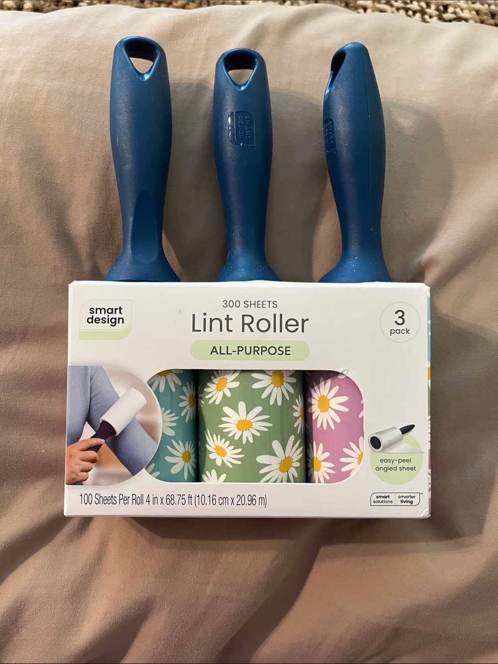 NIB Smart Design All-Purpose Lint Roller 3-Pack - Blue Handles with Floral Rolls
